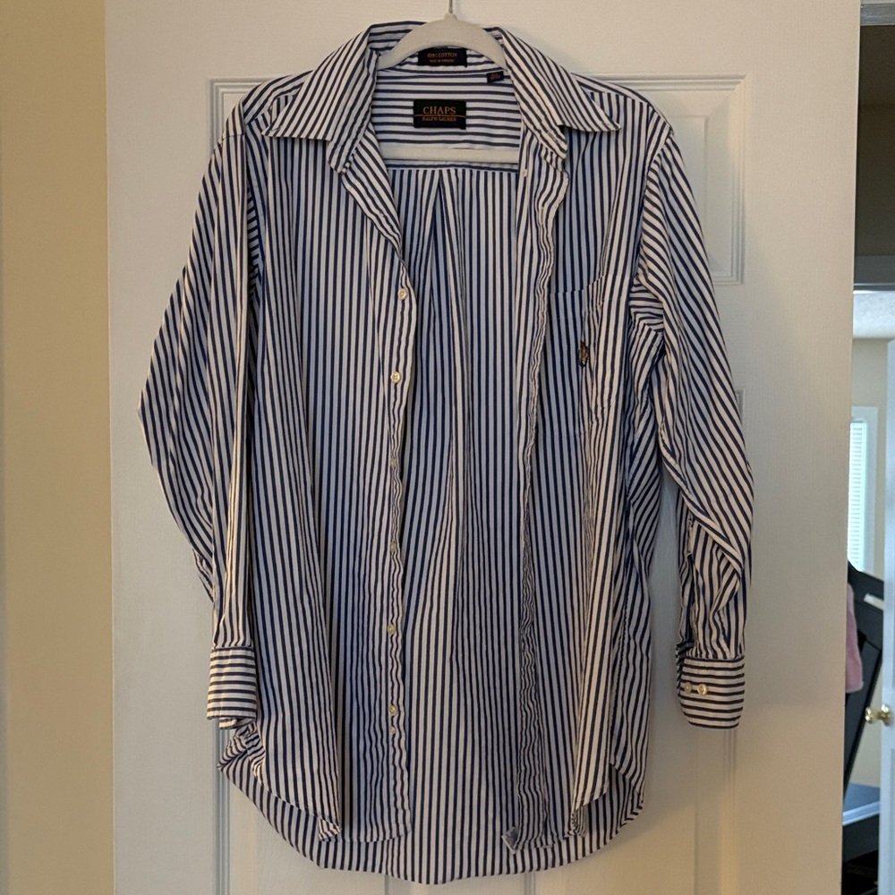Vintage Chaps Ralph Lauren Men’s Navy and White Vertical Stripe Dress Shirt